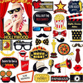 34pcs Hollywood Themed Movie Night Party Photo Booth Props, Hollywood Selfie Frame with Party Photo Props, Red Carpet Cutouts Cards Table Toppers Theme Decor Movie Night Party Supplies