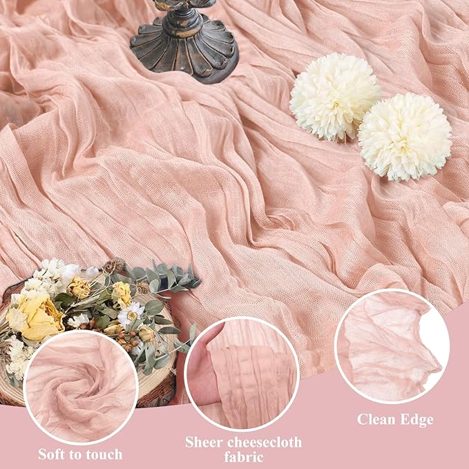 Asee'm 4pcs Cheesecloth Table Runner 120 Inches Dusty Pink Boho Gauze Cheese Cloth Runner 10FT Rustic Sheer Table Runners for Summer Wedding Baby Shower Holiday Party Decoration
