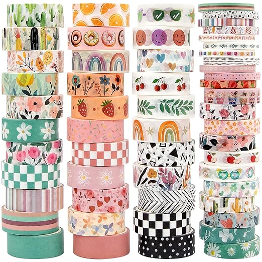 55 Rolls Holiday Washi Tape Set - Decorative Tape Seasonal Bohemian Colored Tape, Cute Washi Tapes for Journaling Supplies, Scrapbooking Supplies kit, Summer Scrapbook Supplies