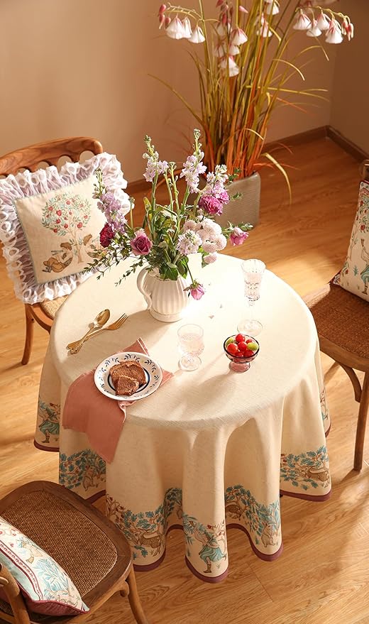patdrea Designer Small Beige Tablecloth for Round Table,Vintage Anti-Wrinkle French Linen Tree Pattern Table Cloth,Decor Cover for Kitchen Dining Christmas,Thanksgiving,Diameter 55"-Tatiana D