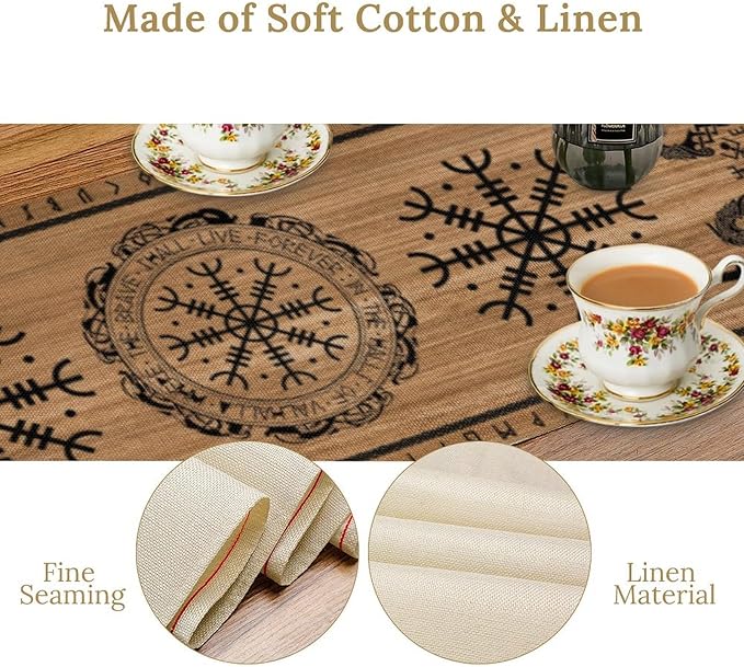 Viking Tree of Life Table Runner, Wooden Printed Eagle Dragon Boat Rudder Seasonal Kitchen Dining Table Decoration for Home Party 13x60 Inch