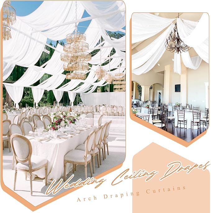 6 Panels White Ceiling Drapes 5ftx30ft Sheer Drapery Ceiling Curtains Chiffon Fabric Arch Draping for Wedding Party Ceremony Birthday Baby Shower Reception Stage Ceiling Decorations