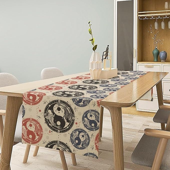 Yin Yang Table Runner, Vintage Mid Century Traditional Oriental Koi Fish Mystical Celestial Moon Stars Print Table Runner for Kitchen Dining Table Party Decor, 13x60inch