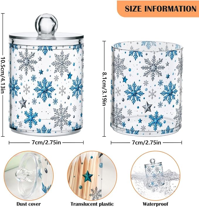 Gredecor Christmas Winter Qtip Holder Dispenser 2 Pack Silver Blue Glitter Snowflakes Bathroom Decorative Storage Canister Holder Counter Vanity Organizer for Cotton Ball Swabs Pads Floss