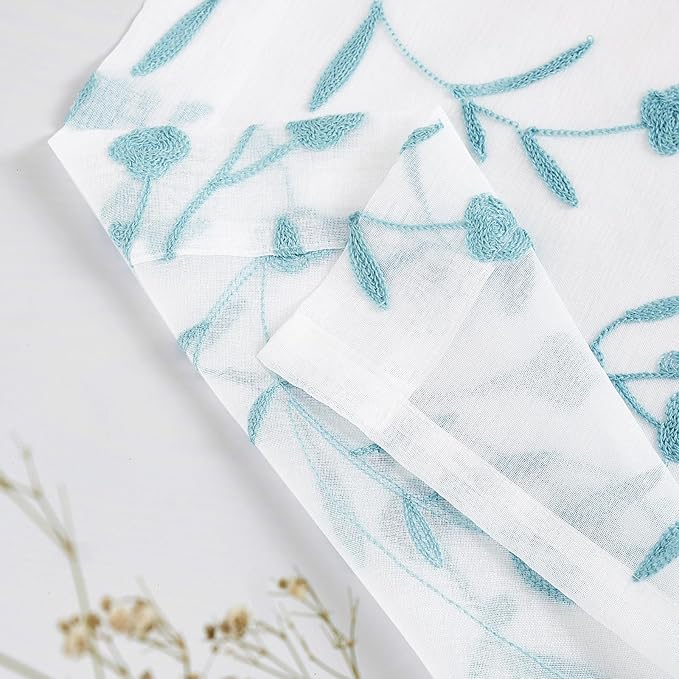 Sheer Curtains White-Blue 45 Inches Long Floral Embroidery Rod Pocket Voile Drapes for Living room, Bedroom, Window Treatments Semi Lace Outdoor Curtain Panels for Yard, Kitchen, Set of 2, 52"x 45".