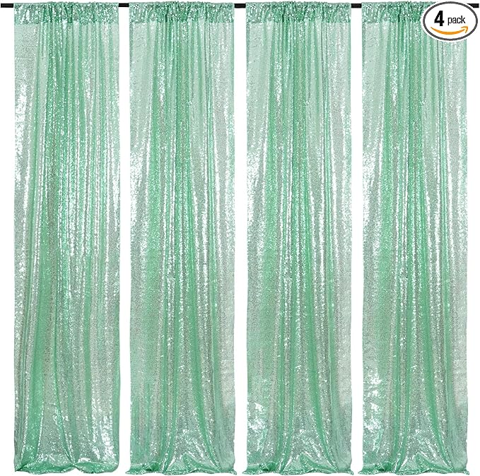 Poise3EHome Mint Green Sequin Backdrop Curtain,4 Panels 2FTx8FT Glitter Background for Party Birthday Party Baby Shower Wedding Christmas Thanksgiving Halloween Holiday Festival Decor