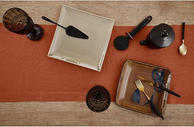 Solino Home Linen Table Runner 120 Inches Long - 100% Pure Linen Cinnamon Table Runner 14 x 120 Inch for Fall, Autumn, Halloween, Thanksgiving - Classic Hemstitch