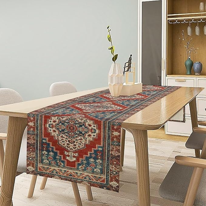 Boho Floral Vintage Table Runner, Red Blue Retro Flower Rustic Country Farmhouse Pattern for Home Kitchen Table Decor Dining Coffee Room Party Decor 13x60in