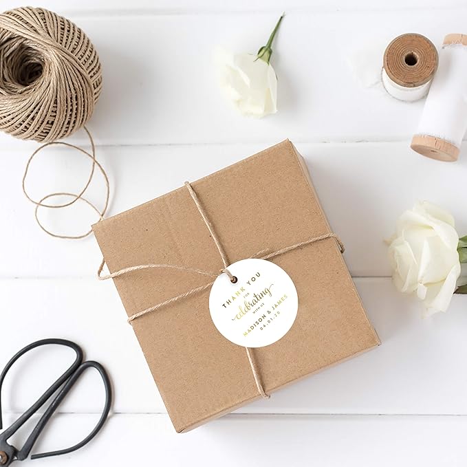 Andaz Press Personalized Round Circle Wedding Gift Tags, Metallic Gold Ink, Thank You for Celebrating with US, 24-Pack, Custom Made Any Name, Baby Bridal Shower, Baptism, Graduation, Business