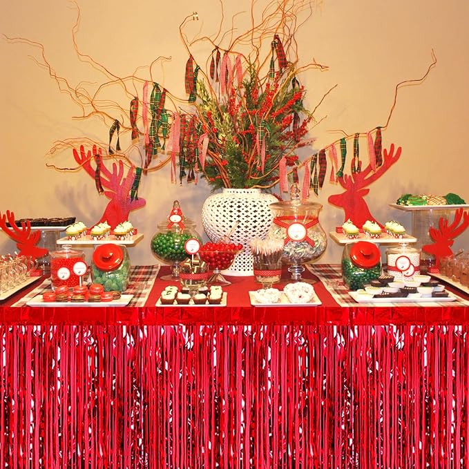 3 Pack 29 x108 Inch Red Foil Fringe Table Skirts Metallic Banner for Tinsel Streamer Garland Backdrop for Parade Floats Wedding Thanksgiving Birthday Christmas Halloween New Year Party Decoration
