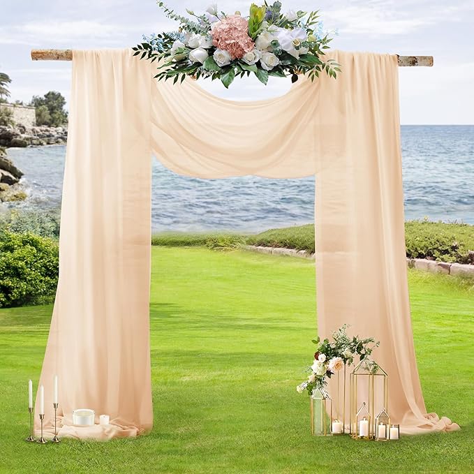 SiinvdaBZX 4 Panels Wedding Arch Draping Fabric 30" x 20Ft Champagne Sheer Chiffon Fabric Outdoor Extra Long Decorative Drapery for Party Ceremony Ceiling Curtain Backdrop