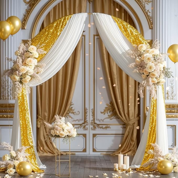 Wedding Arch Draping Fabric, 1 Panel 28" x19ft White Arch Drapes & 1 Panel 16" x19ft Gold Sequin Fabric Drapes Arbor Backdrop Curtain for Wedding Arch Ceremony Bridal Shower Reception