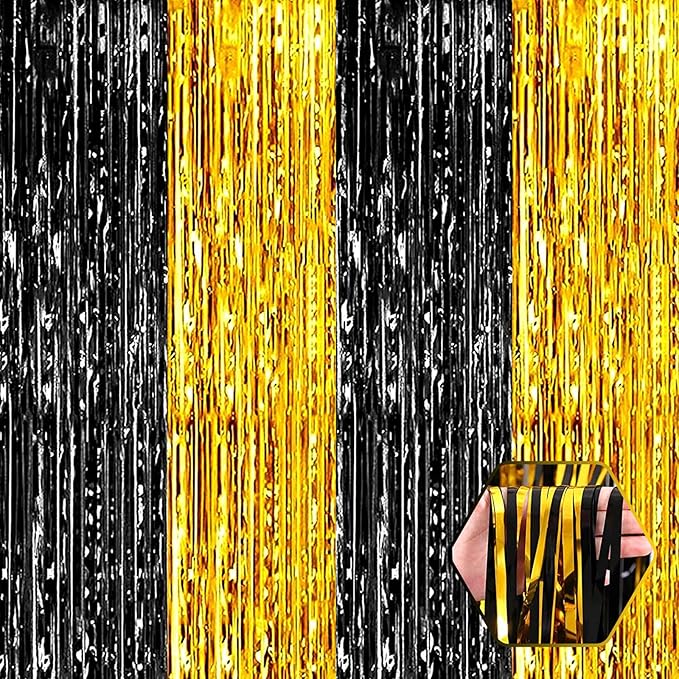6 Pack Black Gold Foil Fringe Curtain Backdrop, 3.28Ft x 8.2Ft Metallic Tinsel Foil Fringe Streamer Curtains for Photo Booth, Birthday, Wedding, New Year Party Decorations