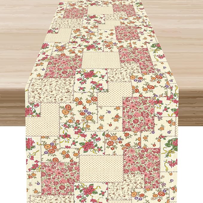 Patchwork Table Runner, Boho Vintage Pink Wildflowers Bohemian Paisley Flower Farmhouse Table Center Decor for Home Kitchen Dining Patio Holiday Party Indoor Outdoor Table Decorations, 13"x90" Inch