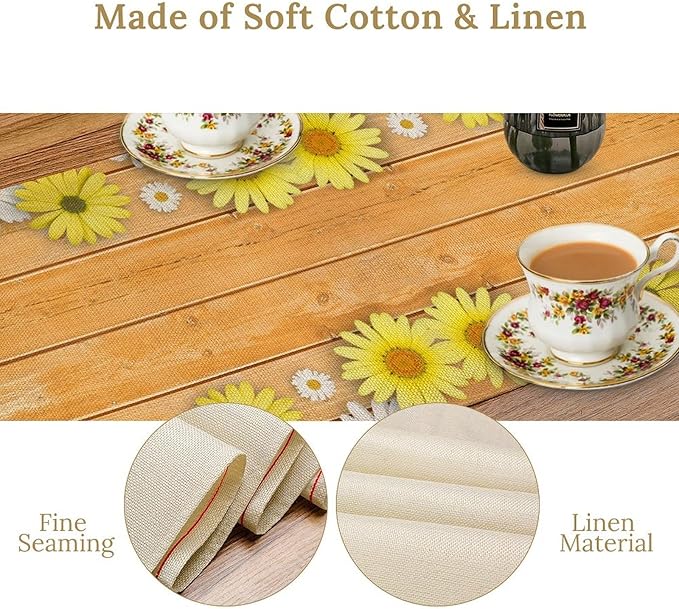 Farmhouse Floral Table Runner, Spring Seasonal Yellow Daisy Sunflower Retro Wooden Country Table Center Decor for Home Kitchen Dining Patio Holiday Party Table Decorations, 13"x72" Inch