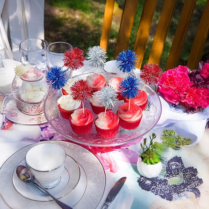 Ephlyn 30Pcs Foil Firework Cupcake Toppers Sparkle Tinsel Cupcake Picks Happy Birthday Cake Toppers Drink Cocktail Food Fruit Toothpicks for Baby Shower Birthday Party Supplies Red Silver Dark Blue