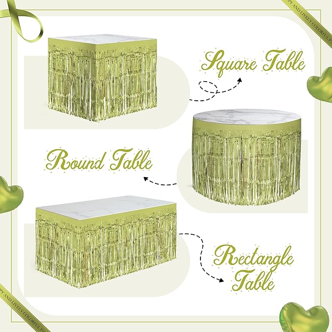 2 Pack Lime Green Table Skirts, 29x108" Metallic Foil Tinsel Fringe Table Skirt for Rectangle Tables Streamer Curtains Backdrop, Party Decorations for Birthdays, Weddings, Holidays