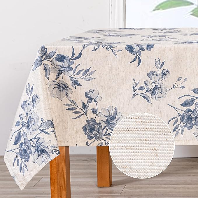 MYSKY HOME Rectangle Tablecloth 60x120 Inches, Linen Farmhouse Tablecloths Waterproof Decorative Fabric Table Cloth for Kitchen Party Floral Tablecloth for 8 Feet Table Blue and Grey Tablecloth