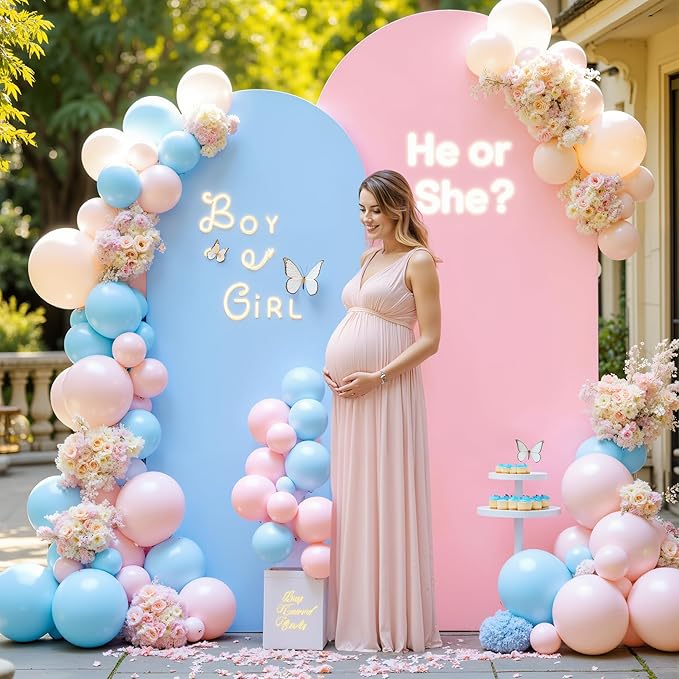 7.2FT 6FT Arch Backdrop Cover for Wedding, Set of 2 Stretchy Spandex Fitted Arch Stand Cover for Baby Shower, Birthday Party Decor, Chiara Backdrop Cover with Double-Sided Design(Pink, Blue)