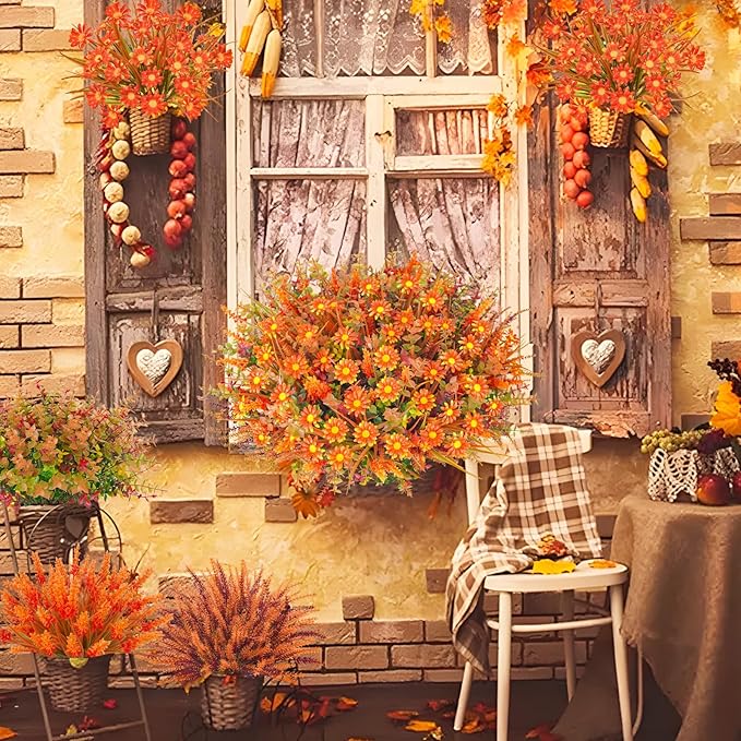 64 Pcs Outdoor Fall Flowers UV Resistant Faux Fall Plants with Fall Daisy Eucalyptus Lavender Artificial Autumn Flowers Greenery for Outside Home Porch Patio Thanksgiving Decoration