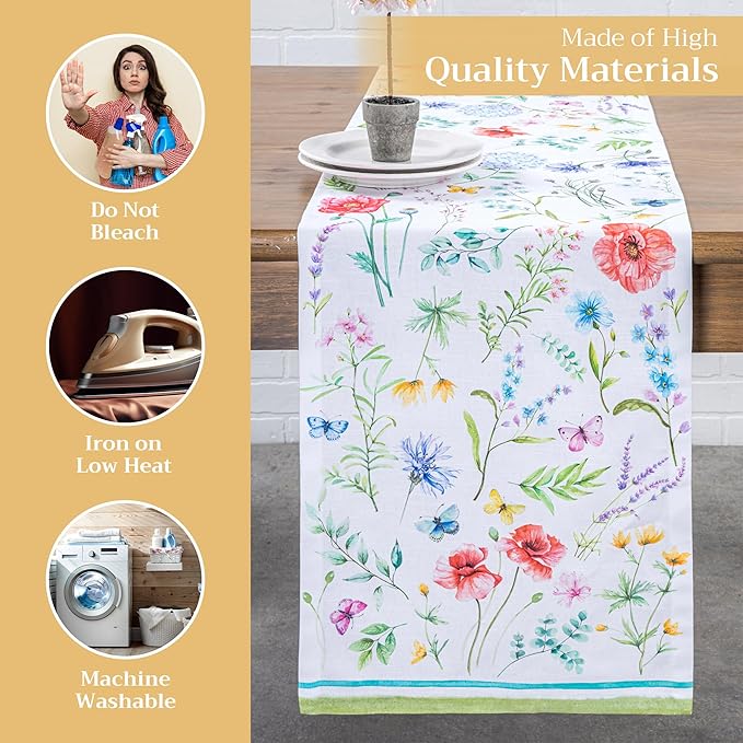 Maison d' Hermine Table Runner 100% Cotton Single Layer Table Runners 108 inches Long Decorative for Home Kitchen Dining Party Wedding Bridal Shower Spring Summer (Just Floral, 14.50" x 108")