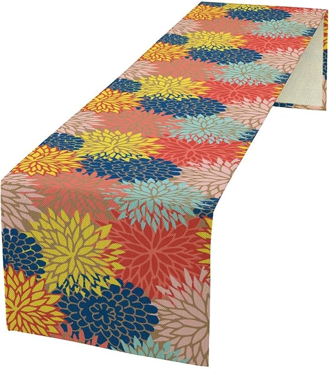 Dahlia Flowers Table Runner Colorful Floral Teal Grey Pink Yellow Blue Abstract Table Runner Kitchen Dining Party Decor Living Room, 13x36 Inch
