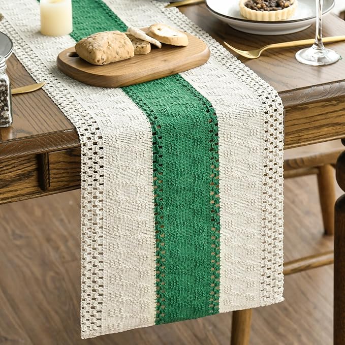 Artoid Mode Dark Green Farmhouse Rustic Table Runner, Seasonal Holiday Hollow Kitchen Dining Table Decoration for Home Party Decor 12x48 Inch