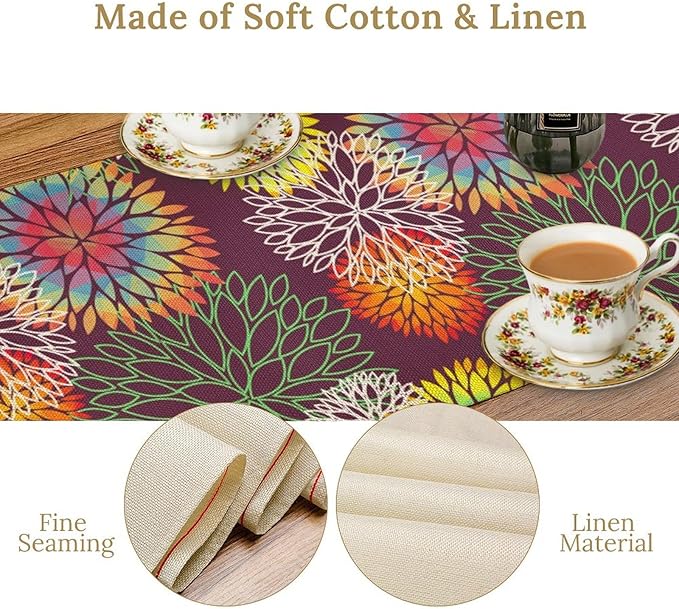 Brown Dahlia Flower Table Runner, Linen Geometric Pattern Floral Table Decor Spring Farmhouse Decorations for Kitchen Dining Holiday Party Decor, 13x120 Inch