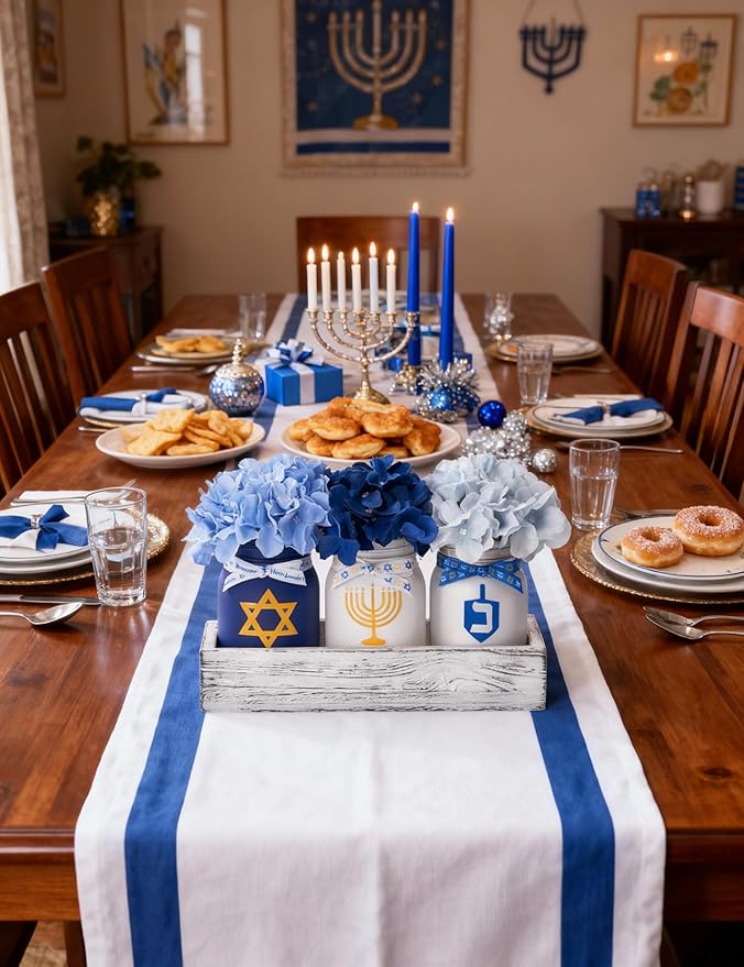 Hanukkah Decorations for Home, Chanukah Table Decor with Mason Jars, Hydrangea, Wood Tray, Hanukkah Gifts Table Centerpieces, 25 Pcs Chanukah Decorations Indoor for Living Room Bedroom