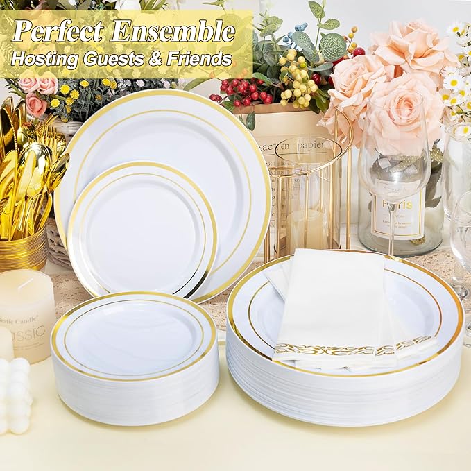 200PCS Gold Plastic Plates Set, 100 10.25 inch Dinner Plate and 100 7.5 inch Dessert Plates, Premium Disposable Plates for Party, Wedding