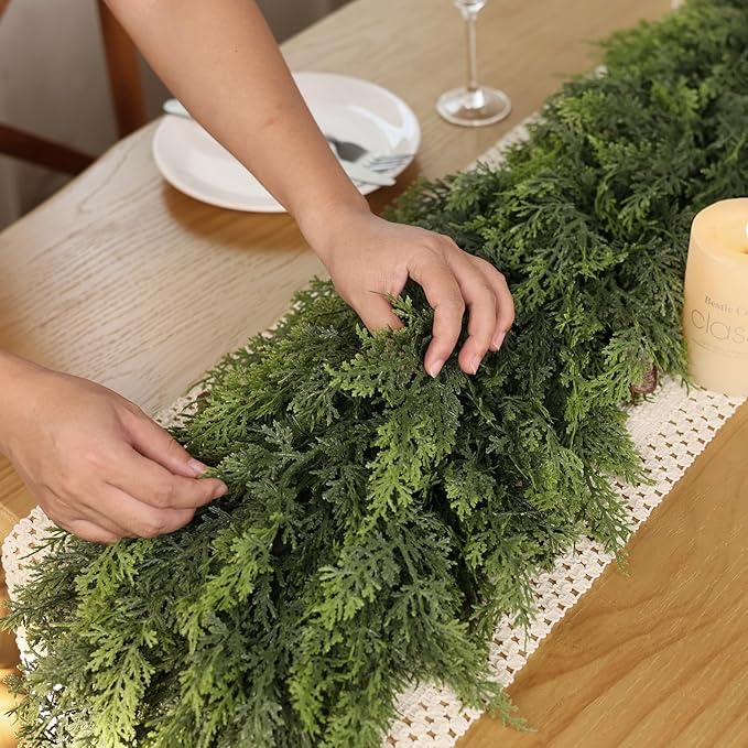 Christmas Cedar Garland - 6ft Artificial Cedar Garland Faux Lush Green Fake Pine Needles for Fireplace,Table,Window,Stairs,Mante,Holiday Indoor Outdoor Xmas Decor(2PCS)