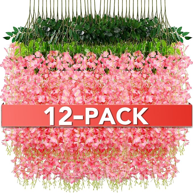 Wisteria Hanging Flowers,Fake Hanging Flowers,Wisteria artificiales Garland for Home Wedding Arch Floral Party Garden Ceremony Outdoor Decor,3.6 feet Long(12,Pink)