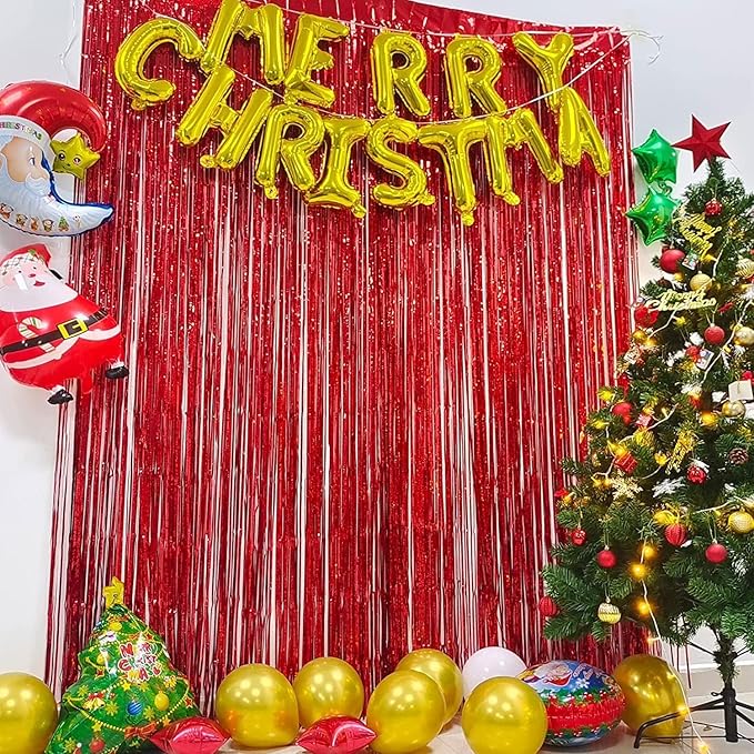 Foil Fringe Curtain Party Decorations - Black Red Metallic Tinsel Backdrop Party Steamers Curtains for Birthdays Halloweens Christmas Theme Prom Holidays Parties Decorations