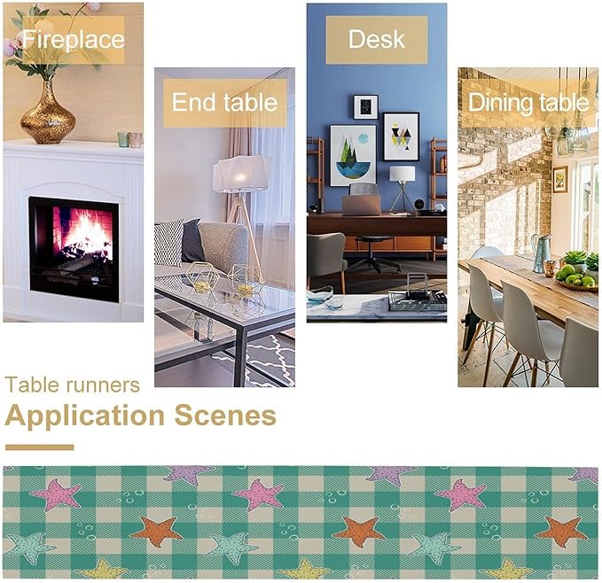 Starfish Plaid Table Flag Green Plaid and Marine Life Starfish Kitchen Table Flag Suitable for Birthday Party Restaurant Decoration Outdoor Picnic 13 * 90 Inch