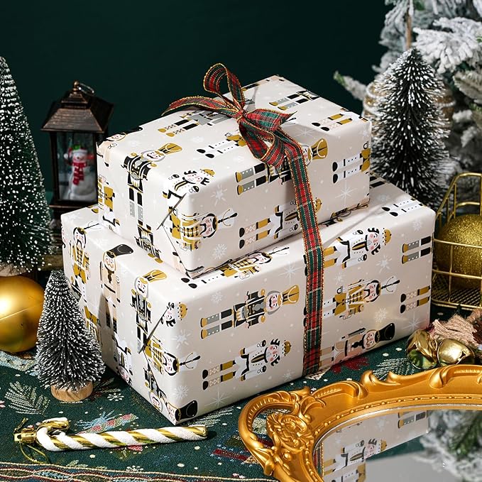 Ulmasinn Reversible Christmas Wrapping Paper Roll - 17" x33ft Double-Sided Designs with Luxury, Gold Nutcracker & Minimalist Black Forest, Xmas Gift Wrap for Presents, Table Decor & Crafting