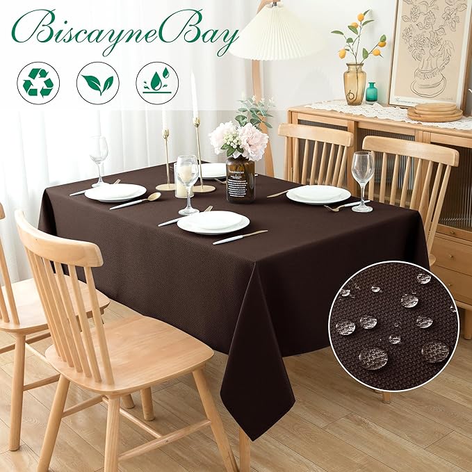 Biscaynebay Textured Fabric Tablecloths 60x108 Inches Rectangular, Brown Water Resistant Tablecloths for Dining, Kitchen, Wedding and Parties etc. Machine Washable