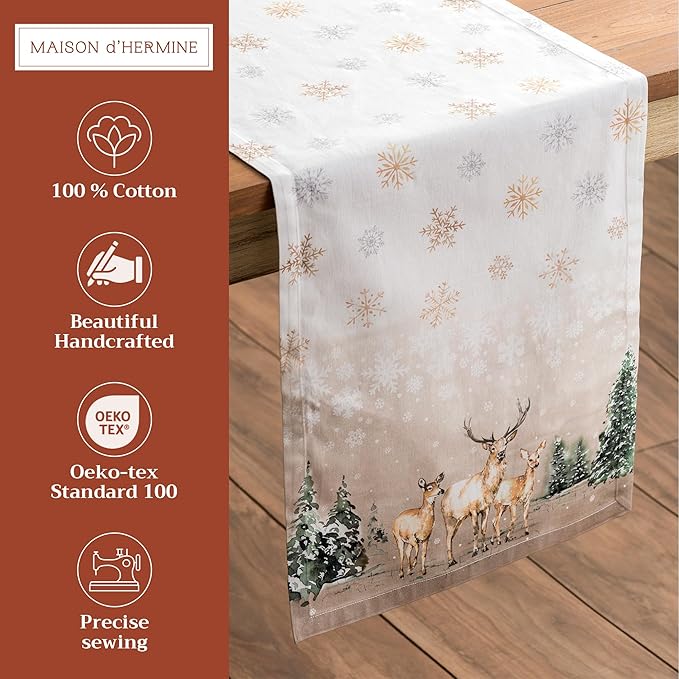 Maison d' Hermine Table Runner 100% Cotton Single Layer Table Runners 108 inches Long for Thanksgiving Christmas Decorations Home Kitchen Dining Party Wedding (Deer in The Woods, 14.5" x 108")