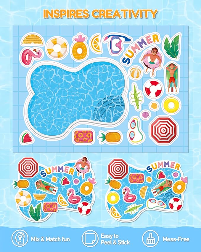 Aowplc 32 Sheets Make‑a‑Pool Stickers for Kids – Mix & Match Craft Kit – Summer Party Favors & Activities