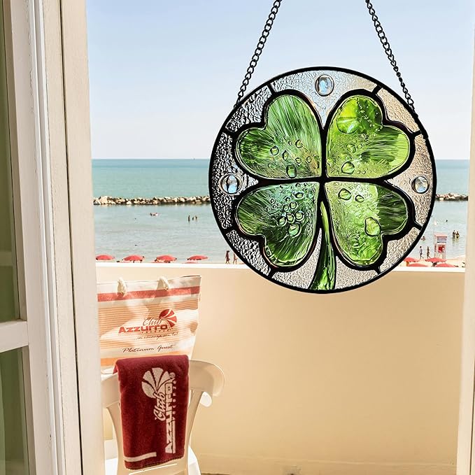 Stained Glass Window Hanging, Green Silver 4 Leaf Clover Sun Catcher for Window Door Home Decor Plant Suncatcher Christmas Mother's Day Birthday Gifts for Women Men Mom Nana 9.8 in
