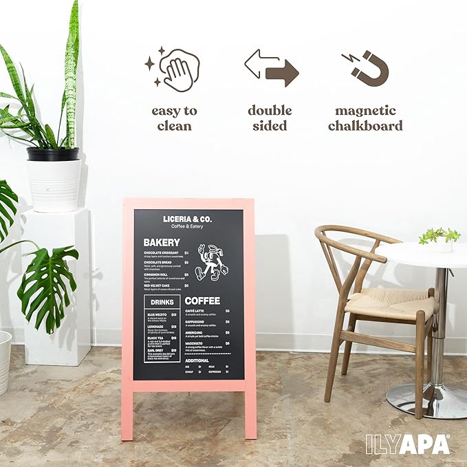 Ilyapa Wooden A-Frame Sign with Eraser & Chalk - 40 x 20 Inches Magnetic Sidewalk Chalkboard – Pink Menu Display for Restaurant, Business Or Wedding