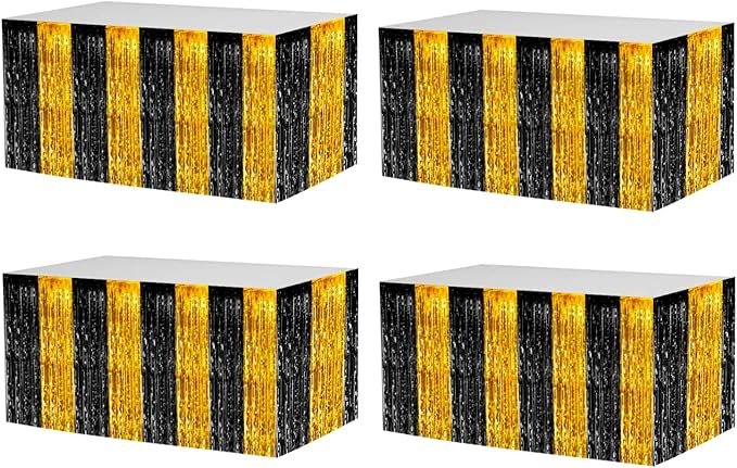 4 Pack 29x108 Inch Metallic Foil Fringe Tinsel Table Skirts for Rectangle Tables Streamer Backdrop for Wedding, Birthday, Parade Floats, Christmas, Halloween Party Decoration(Black Gold)
