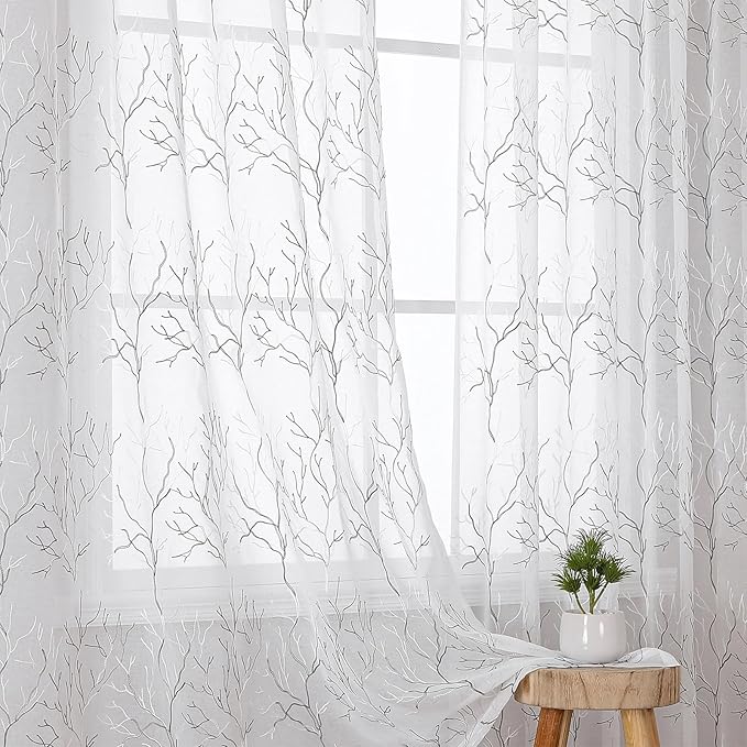 VISIONTEX Sheer Curtains 63 inch Length 2 Panels Set, Decorative Grey Coral Embroidery, Rod Pocket Embroidered Window Drapes for Living Room and Bedroom, 54" x 63"