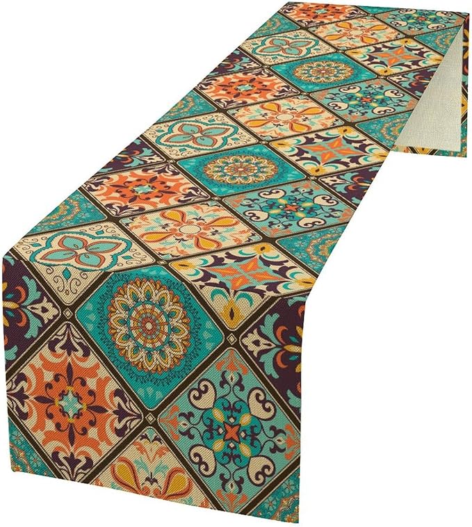 Bohemian Patchwork Table Runnerboho Colorful Tile Patchwork Indian Floral Print Table Runner for Home Kitchen Indoor Outdoor Party Wedding Decor, 13x120inch