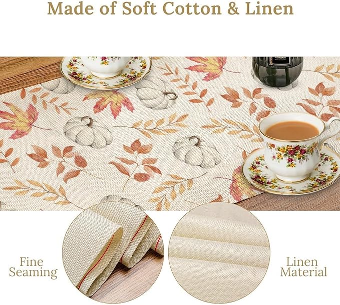 Pumpkin Leaves Table Runner,Seasonal Autumn Thanksgiving Kitchen Dining Table Decoration for Home Party Decor 13x36 Inch