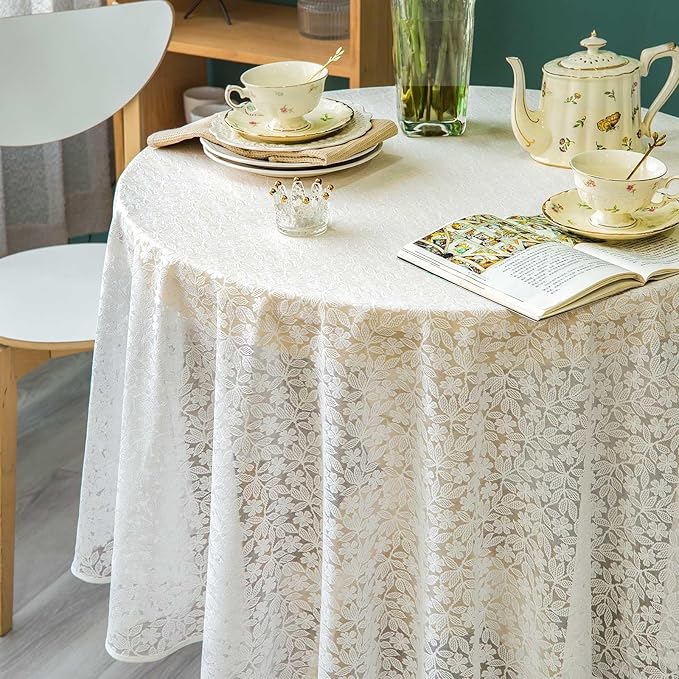 Lace Tablecloth Leaf Pattern Warp Knitting Fabric Solid White Round Table Cover for Kitchen Dining Farmhouse Wedding Party Decor Ivory, 70 Inch