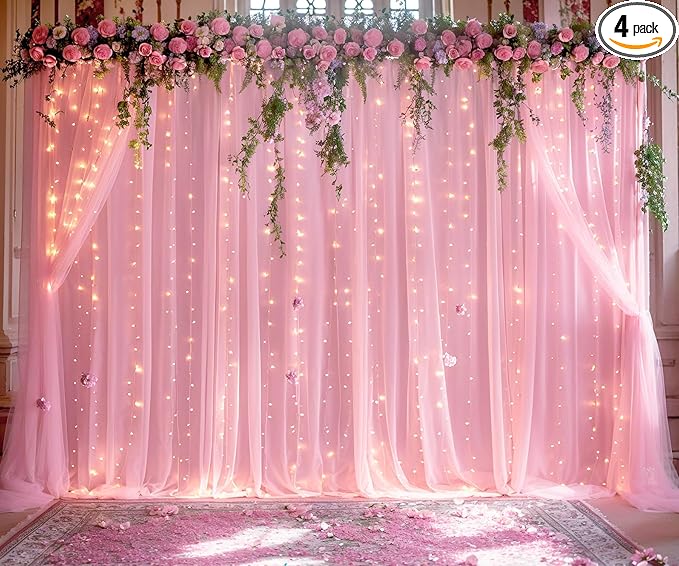 Pink Tulle Backdrop Curtains with Lights String for Parites 20ft×8ft Pink Sheer Backdrop Curtains for Baby Shower Girls Bridal Shower Birthday Party Photo Shoot Decorations(4 Panels 5×8ft)
