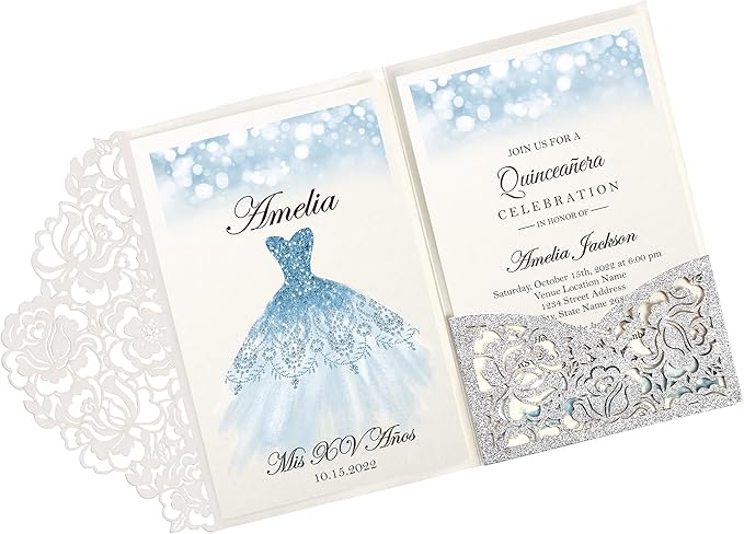DORIS HOME 50pcs Laser Cut Quinceanera Invitations Silver Glitter, 4.7x7.1 Personalized Quince Invitations for 15th Birthday, Invitation cards for Sweet 16 with Envelopes