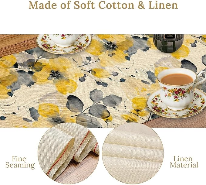 Floral Table Runner,Yellow Flowers Spring Print Table Cloth Kitchen Dining Table Home Party Decoration 13x60 Inch