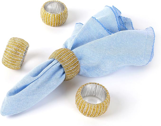 Decorative Beaded Napkin Rings Set of 12 - Rhinestone Serviette Holder for Table Décor, Christmas, Thanksgiving, Weddings, Parties, Artisan Festive Luxury Dining Napkin Holders (Yellow) - CLEENTABLE