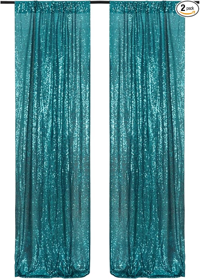 Poise3EHome 2ft x 8ft Teal Sequin Backdrop Curtains 2 Panels for Photography Party Decoration, Teal